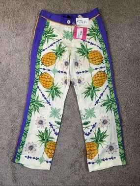 Franco Ferrari Silk Pineapple Floral Tropical Pants Sm NWT Italy Resort Cruise